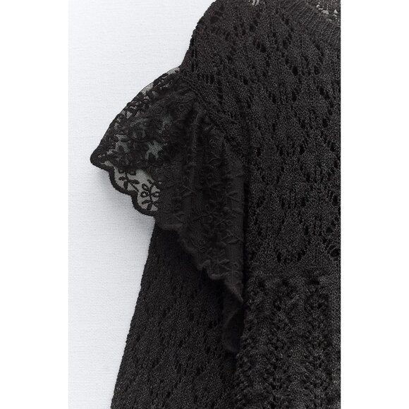 Zara Black Pointelle Ruffle Long Sleeve Semi Crop Top - Picture 7 of 10
